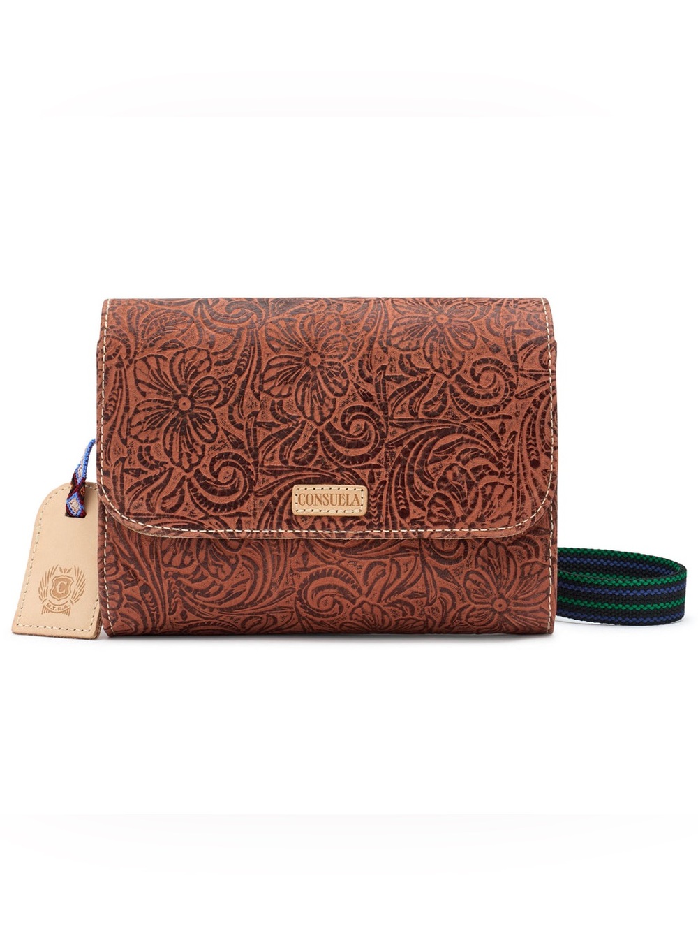 Consuela Brown Floral Tooled Leather Crossbody Bag with Contrast Strap